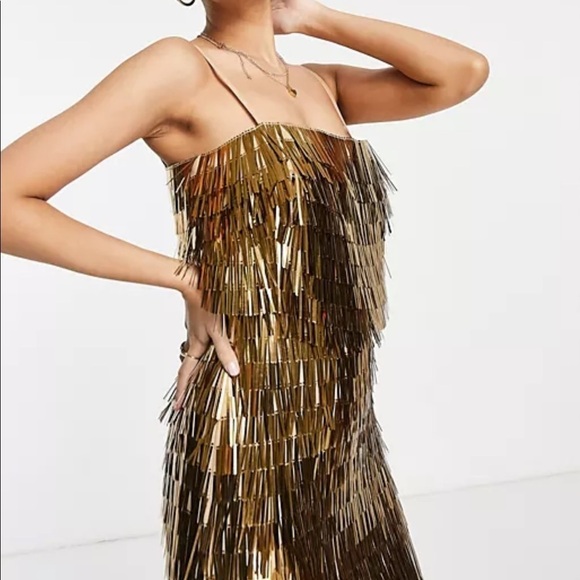 ASOS- Sold Out- Shard Detail Gold Metallic Midi Dress - Picture 5 of 8